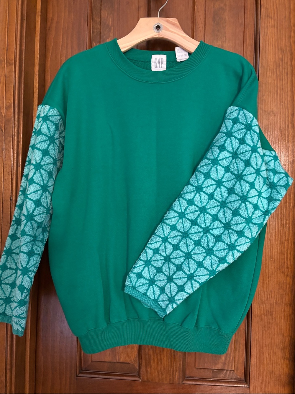 GAP Teal Green Crewneck Sweater with upcycled vintage towel sleeves